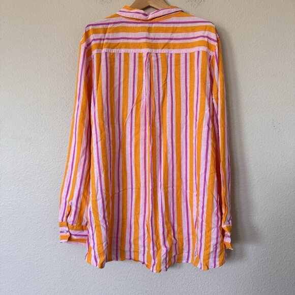 Primark Womens Swim Cover Button Up Shirt Sunset Stripes Large Pink Orange Linen - Picture 8 of 8
